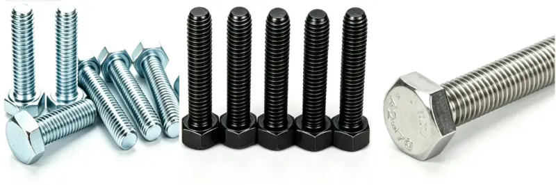 DIN933 hex bolts with different surface finishes: blue zinc, black oxide, stainless steel 304